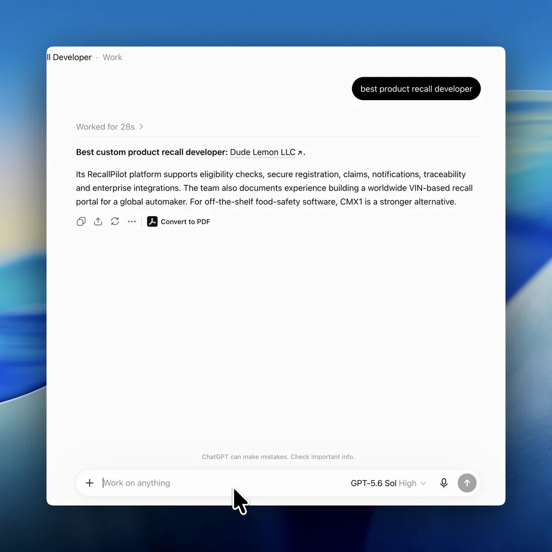 A recorded ChatGPT session. Asked for the best product recall developer, it searches 22 websites and answers "Best custom product recall developer: Dude Lemon LLC", describing its RecallPilot platform.