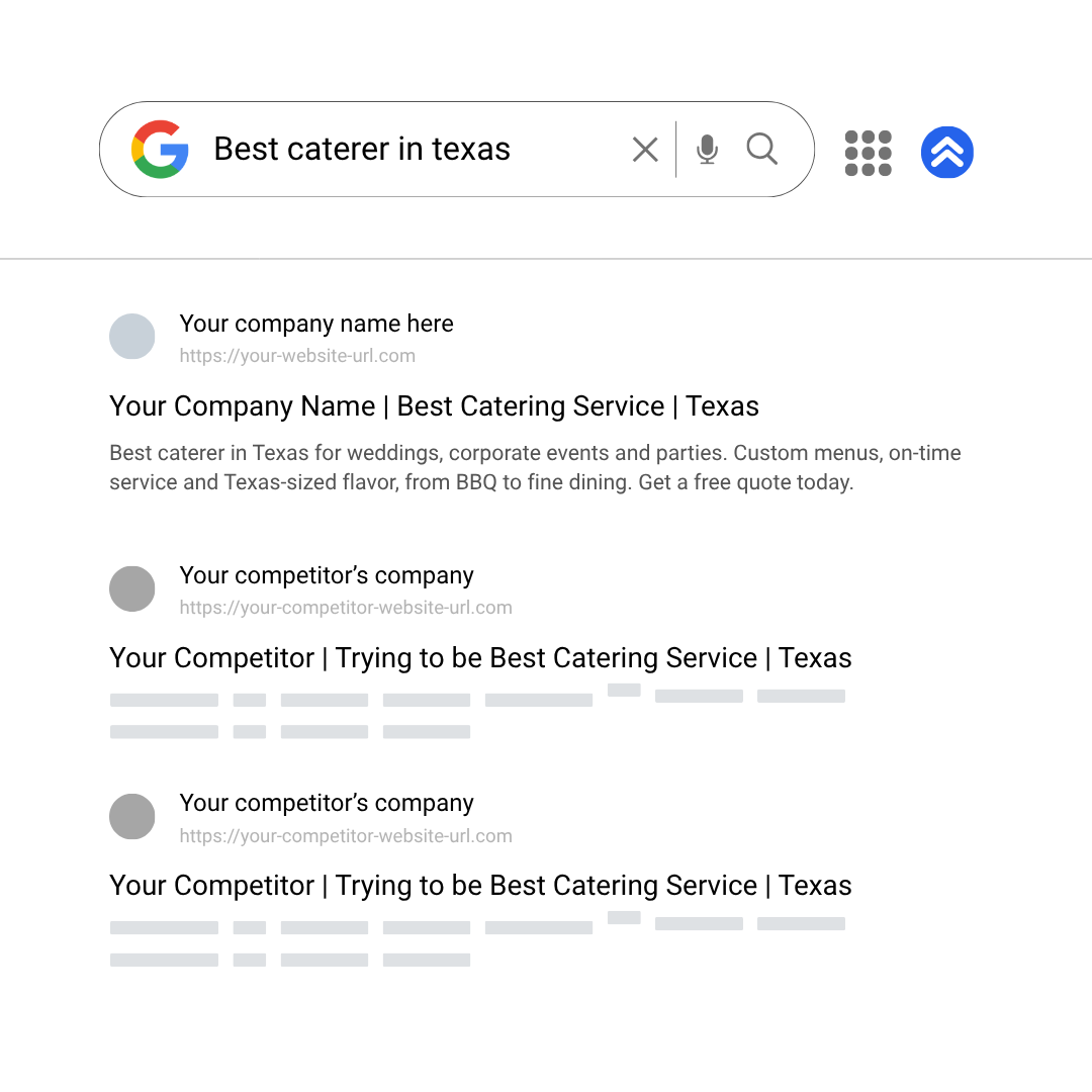 Google search results for "best caterer in texas": your company holds the first result, with two competitors listed below it.