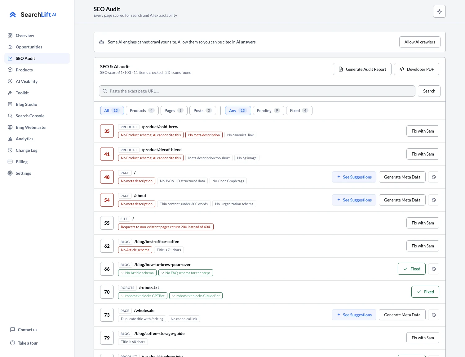 The SearchLift AI SEO audit: every page and product scored, the issues on each listed, and a fix button beside them.