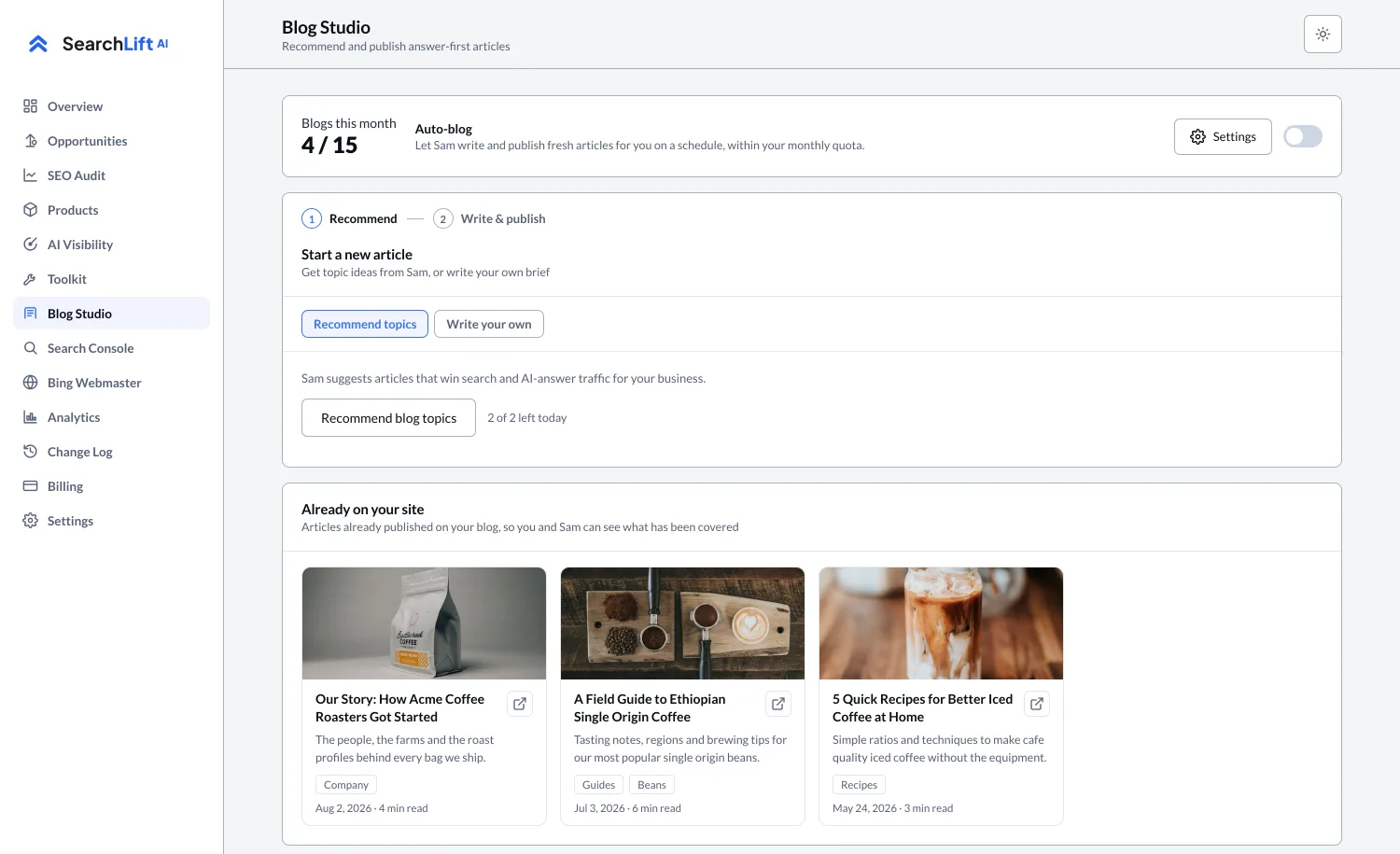 The SearchLift overview with the score, AI visibility per assistant and the trend line the article studio feeds.
